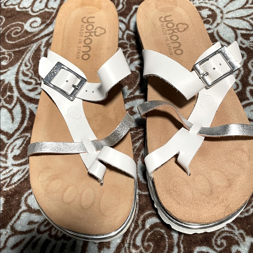 White and Silver Sandals Size 8